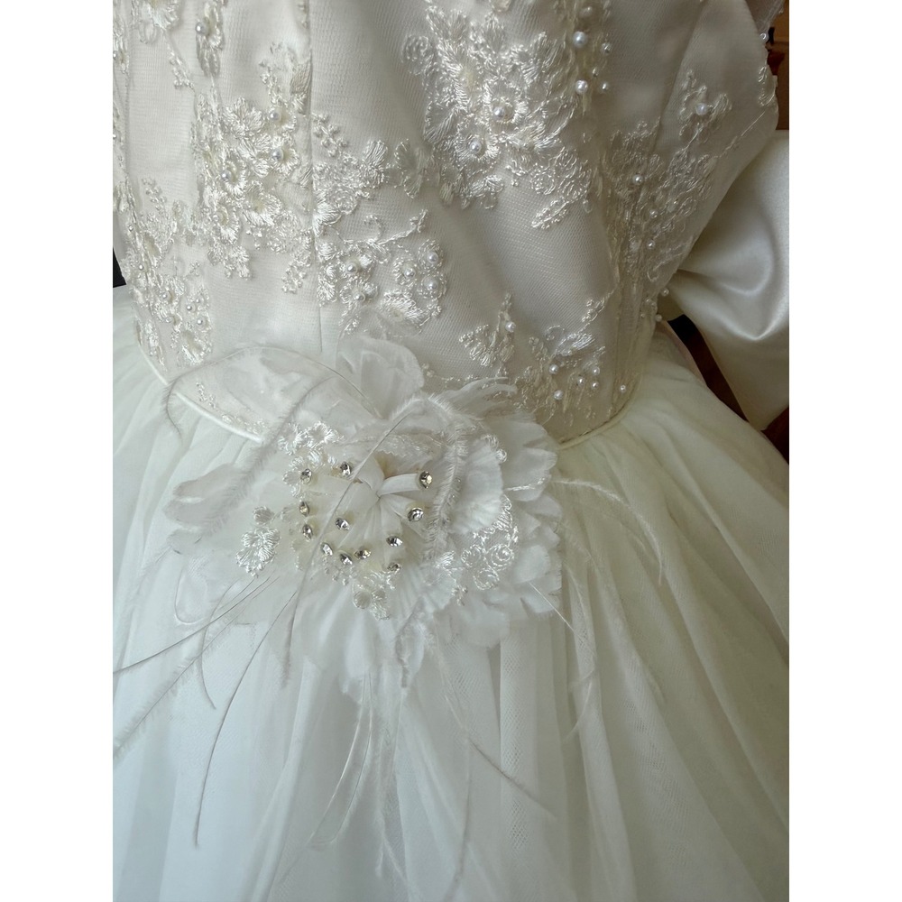 Vintage Tulle Beaded Tiered Ruffle A-Line Tea Length Wedding Dress Size 16 Bow - Picture 5 of 12